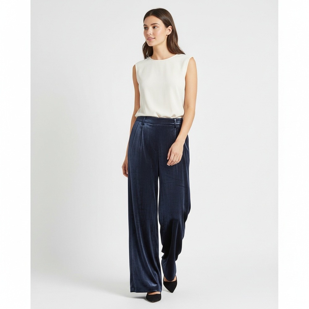 New Gap Pants 14 Petite Easy Trousers Velvet Wide Leg Navy Blue Glam Dressy Work